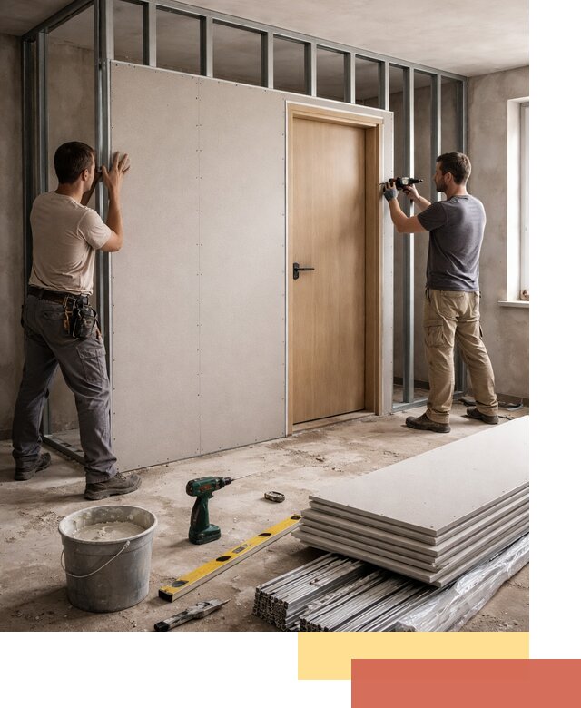 Перегородка из гипсокартона с дверью под ключ в Карабулаке