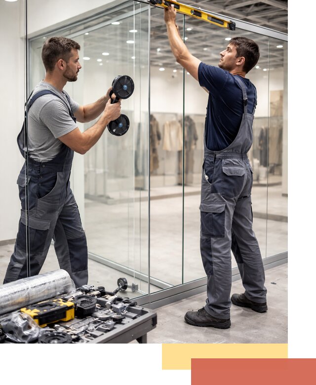 Стеклянные перегородки для магазинов в Карабулаке — монтаж и установка