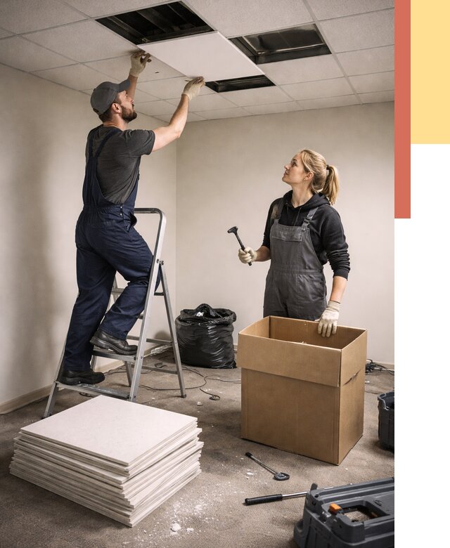 Демонтаж потолочной плитки в Карабулаке от 4648 руб. быстро и недорого | ОТДЕЛОЧНИК-Крб