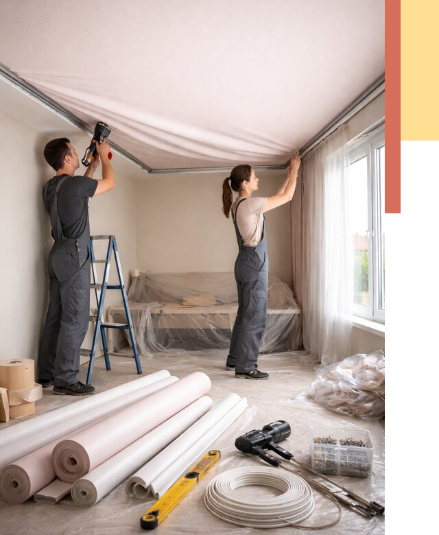 Монтаж цветного натяжного потолка в Карабулаке от 4338 руб/м² — быстро и недорого | ОТДЕЛОЧНИК-Крб