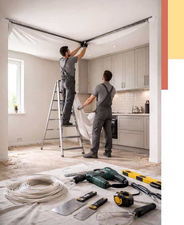 Установка натяжного потолка на кухне в Карабулаке от 2479 руб. | ОТДЕЛОЧНИК-Крб