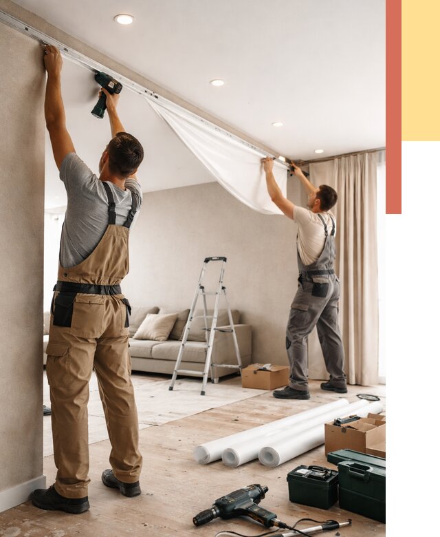 Монтаж натяжного потолка в гостиной в Карабулаке от 568 руб. | ОТДЕЛОЧНИК-Крб