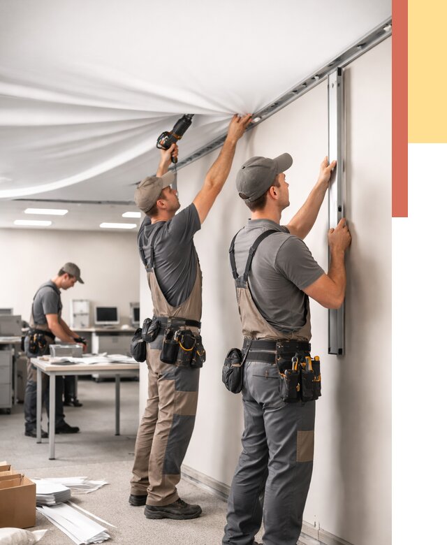 Монтаж натяжного потолка в офисе в Карабулаке от 465 руб/м² — быстро и недорого | ОТДЕЛОЧНИК-Крб