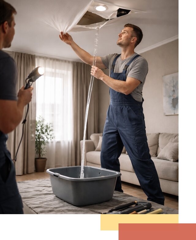 Слив воды с натяжного потолка в Карабулаке быстро и аккуратно